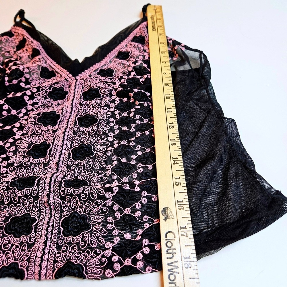 Feminine Black w/ Pink Floral Embroidered Sheer Mesh Babydoll Camisole Top Small - Picture 6 of 7